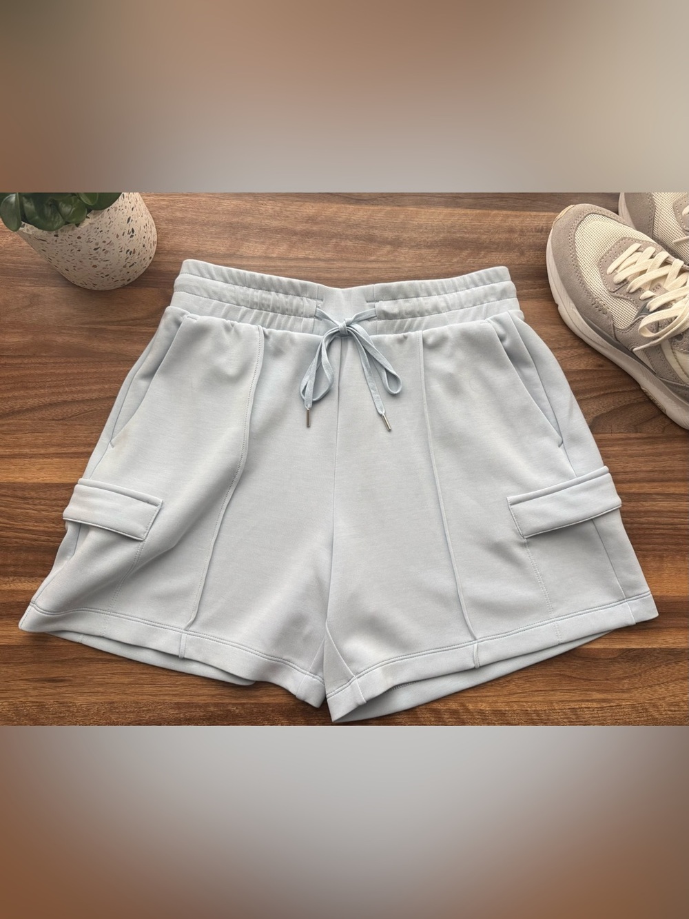 CALIA Sandwash Scuba High Rise Pale Blue Cargo Drawstring Athletic Shorts